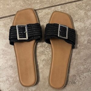 Wild Diva Black and Tan Sandals with Silver Buckle